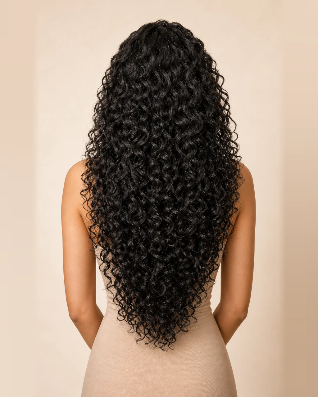 Vista traseira de cabelo longo, preto e cacheado