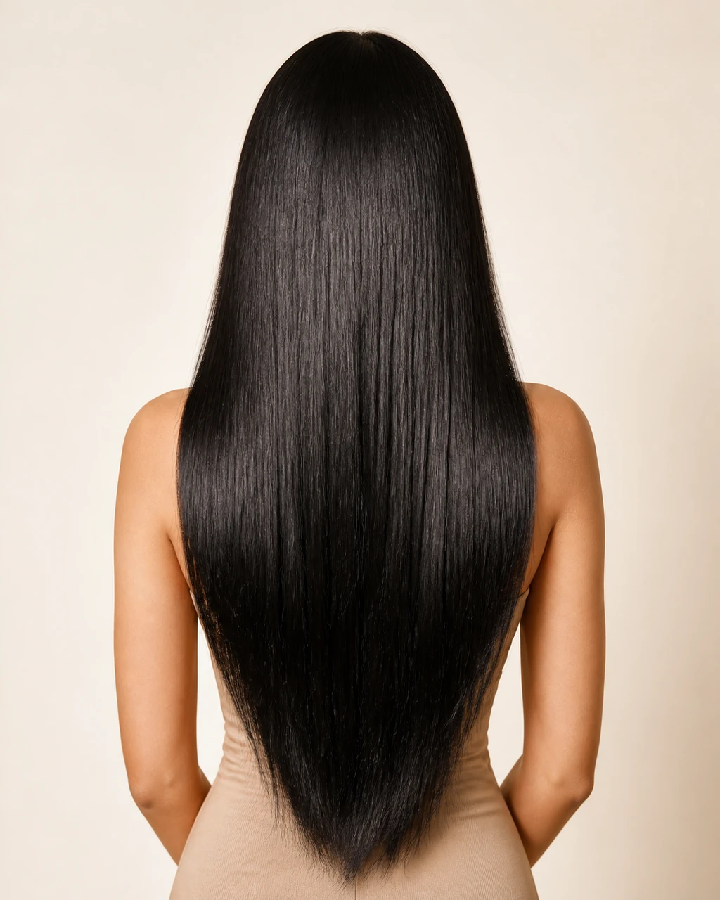 Vista traseira de cabelo longo, liso e preto