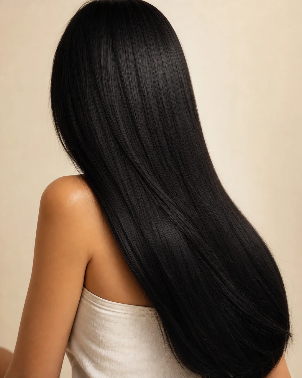 Cabelo longo, liso e preto visto de perfil