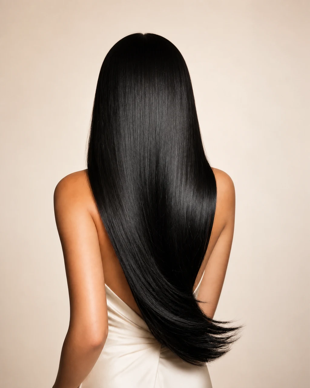 Cabelo longo, liso e preto com pontas em movimento