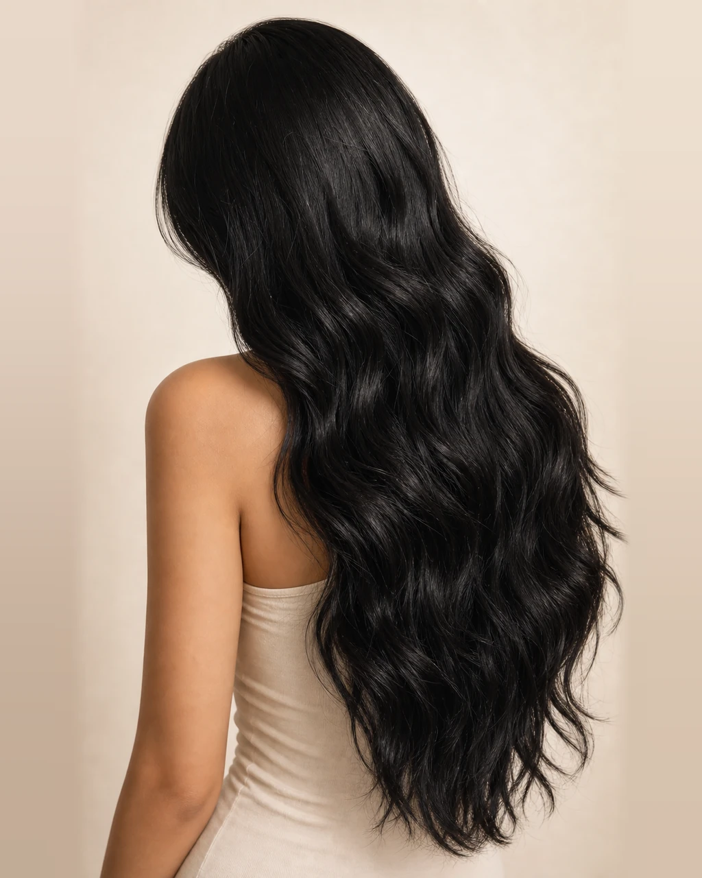 Cabelo longo, preto e ondulado visto de perfil