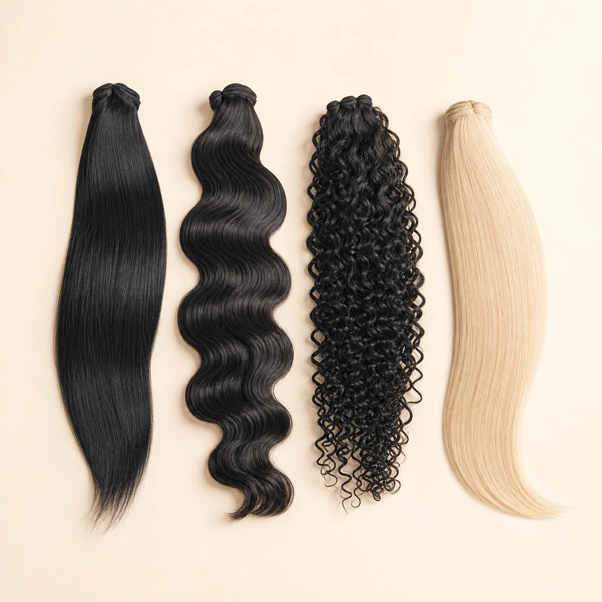 Mechas de cabelos liso, ondulado, cacheado e loiro apresentadas em composição elegante